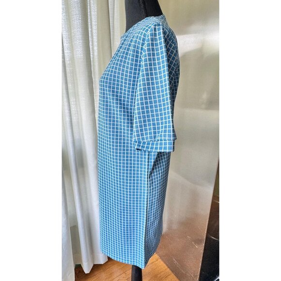 Vintage 60s mini dress, Mod blue white geometric checkered, straight cut - Picture 3 of 8